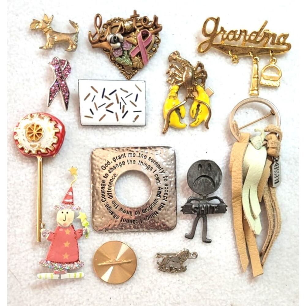 13 Pc Brooch Lot Vintage Modern Mixed Variety Some TLC